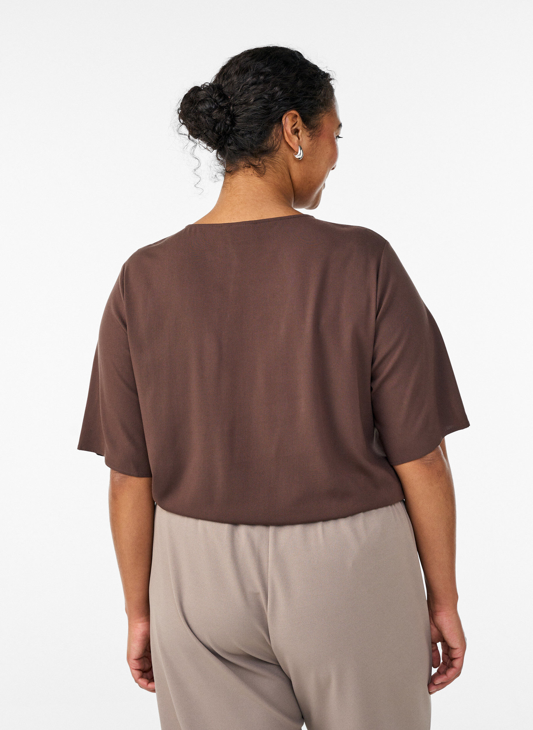 ZizziGeweven blouse met korte mouwen en ronde hals, Bruin, Model image number 2