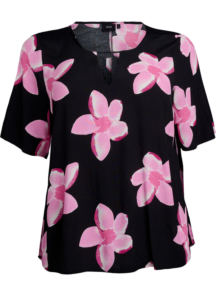 Viscose blouse met korte mouwen met print, Zwart, Packshot image number 0