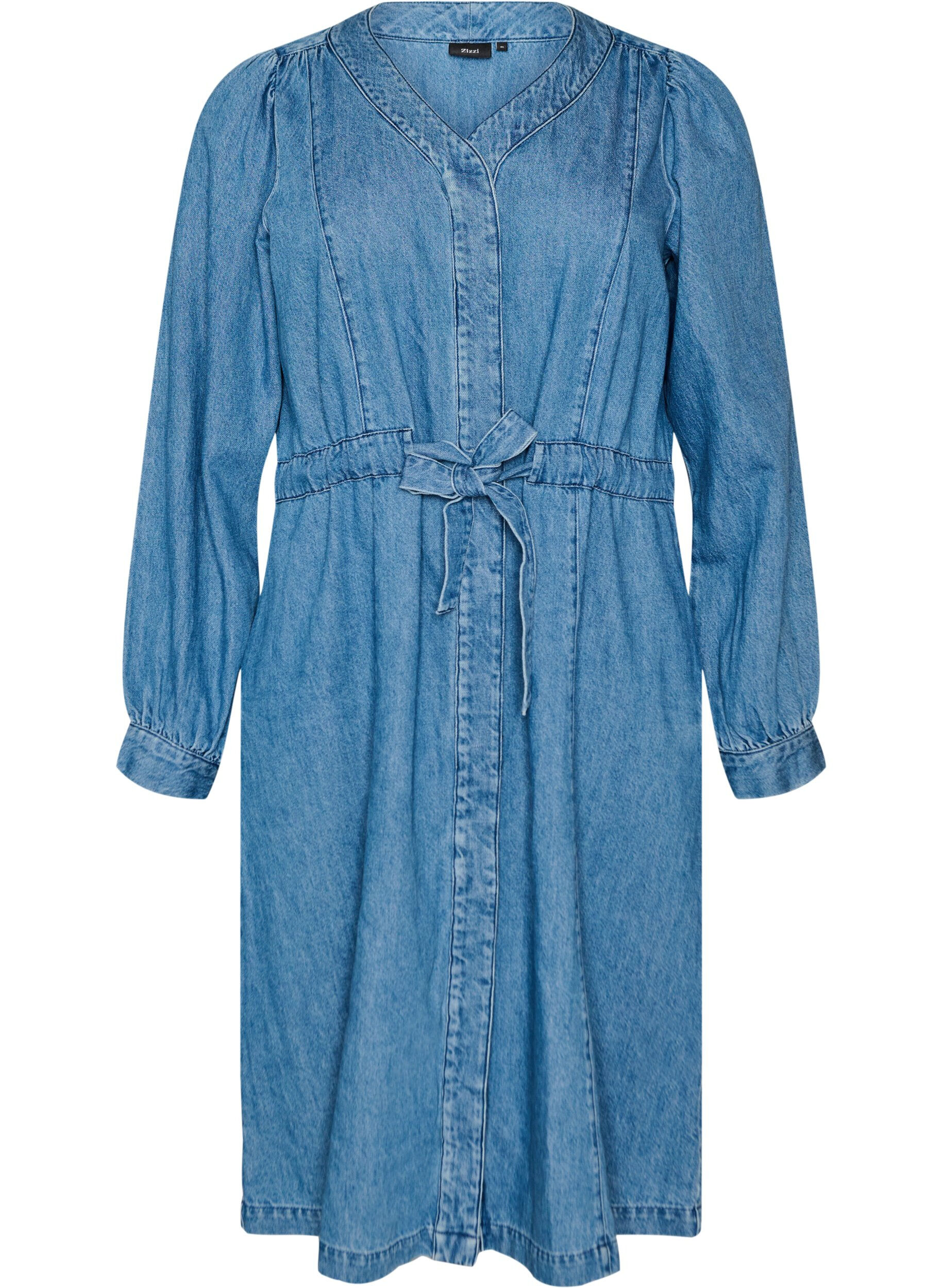 Denimjurk met V-hals en strikceintuur