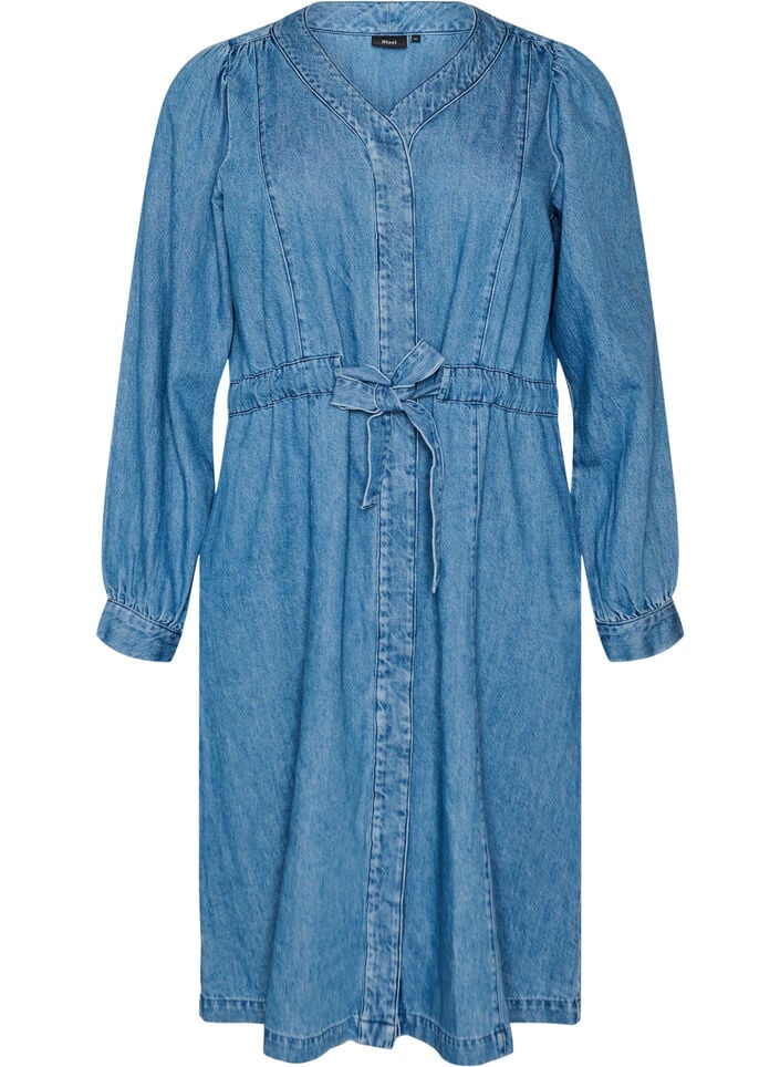 Denimjurk met V-hals en strikceintuur, Blauw, Packshot image number 0