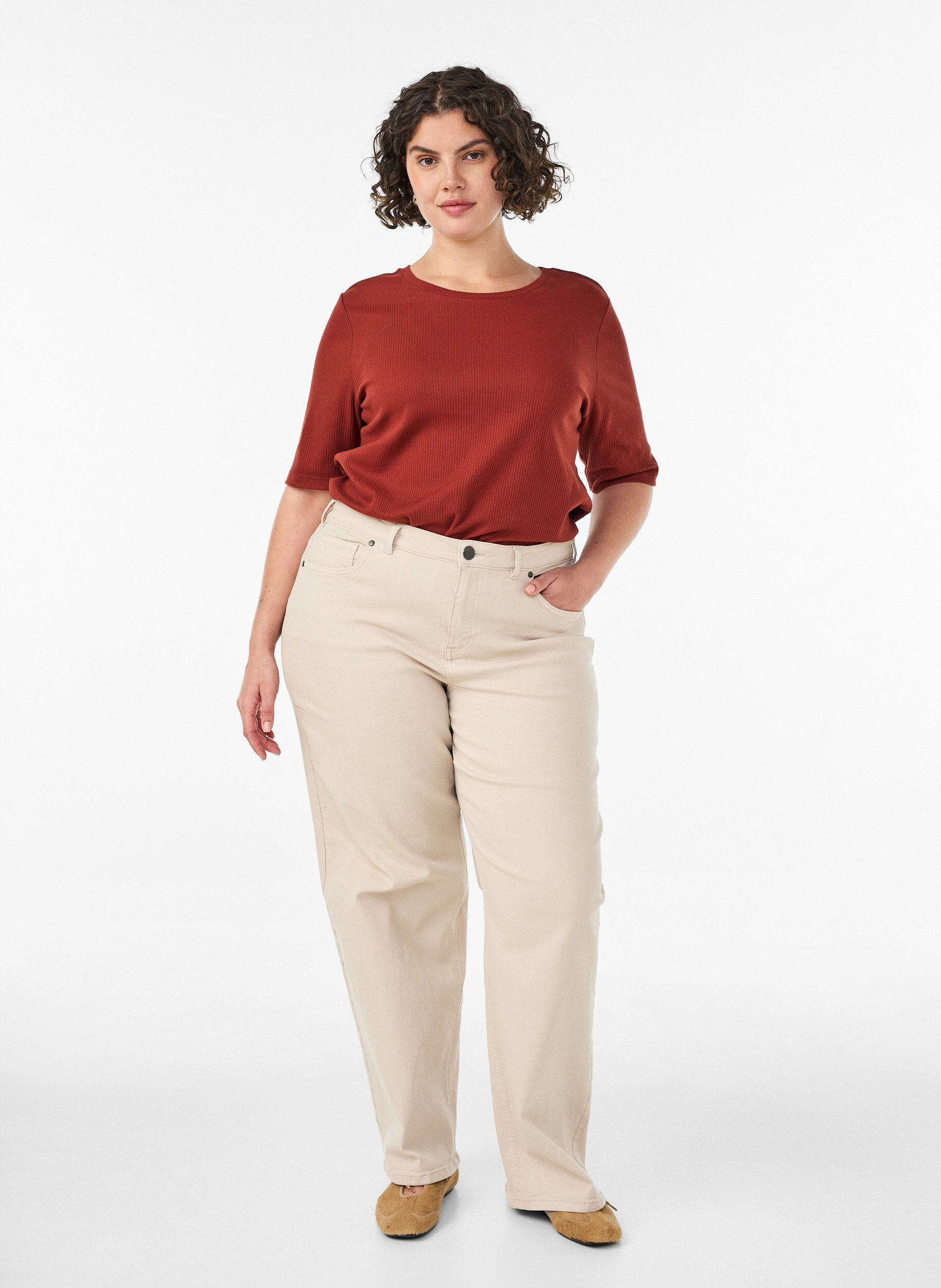 ZizziGeribde jersey blouse met korte mouwen, Rood, Model image number 1