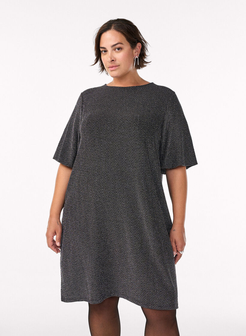 Korte jurk met glitterpatroon, Zwart Korte jurk met glitterpatroon, Zwart, Model