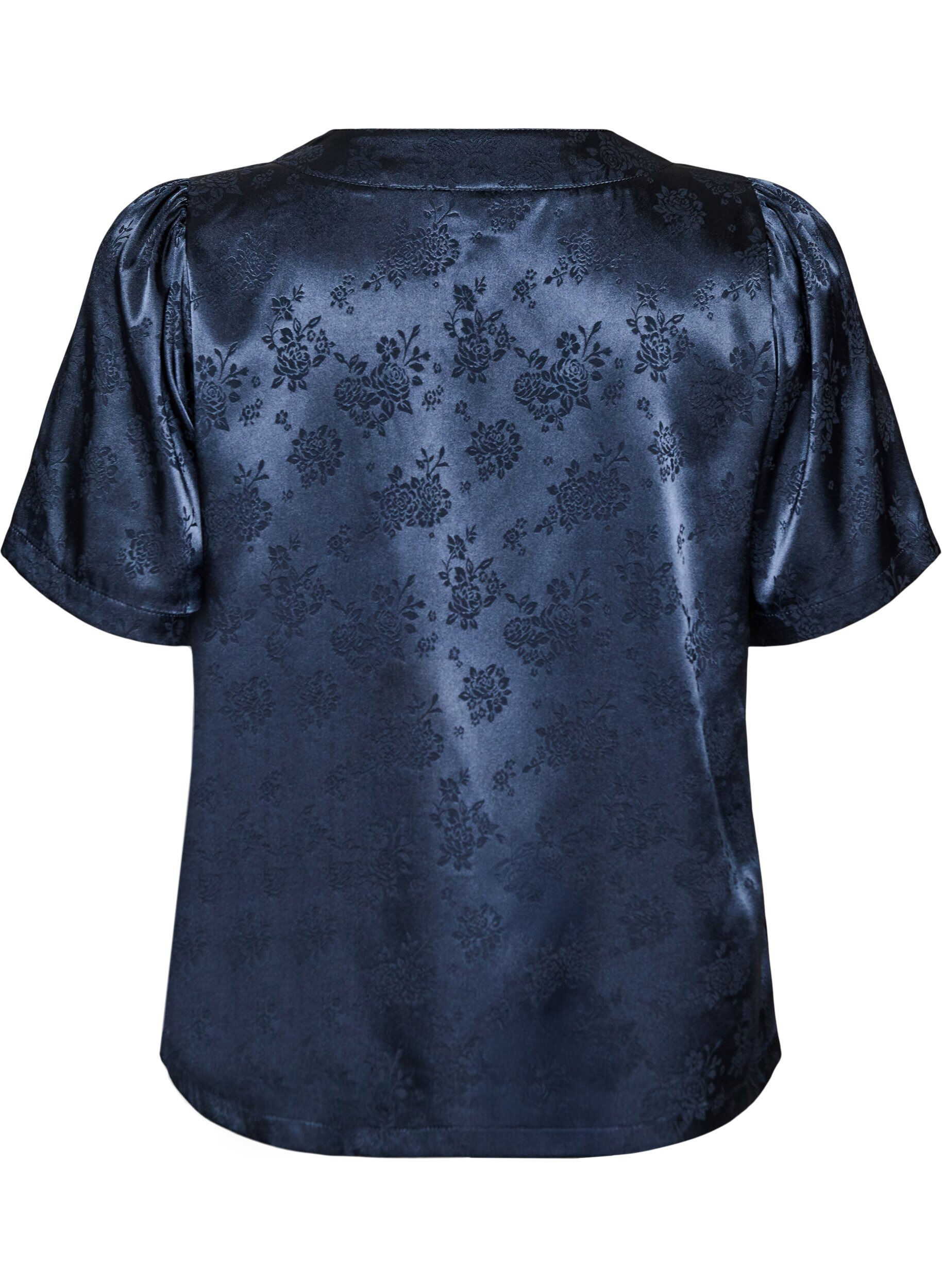 ZizziSatijnen blouse met bloemenprint en V-hals, Blauw, Packshot image number 1