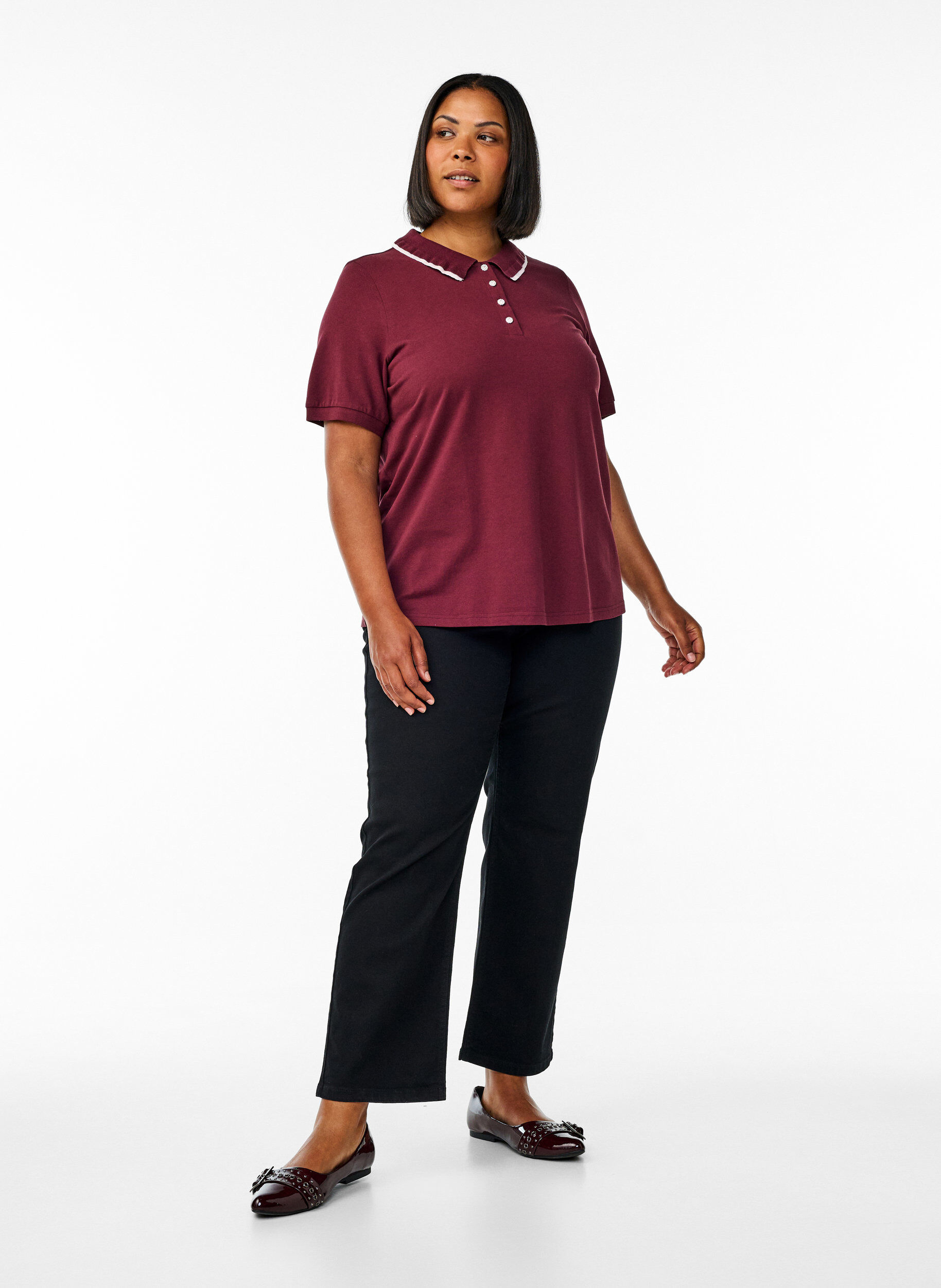 ZizziPolo shirt met strass knopen en ruches., Rood, Model image number 1