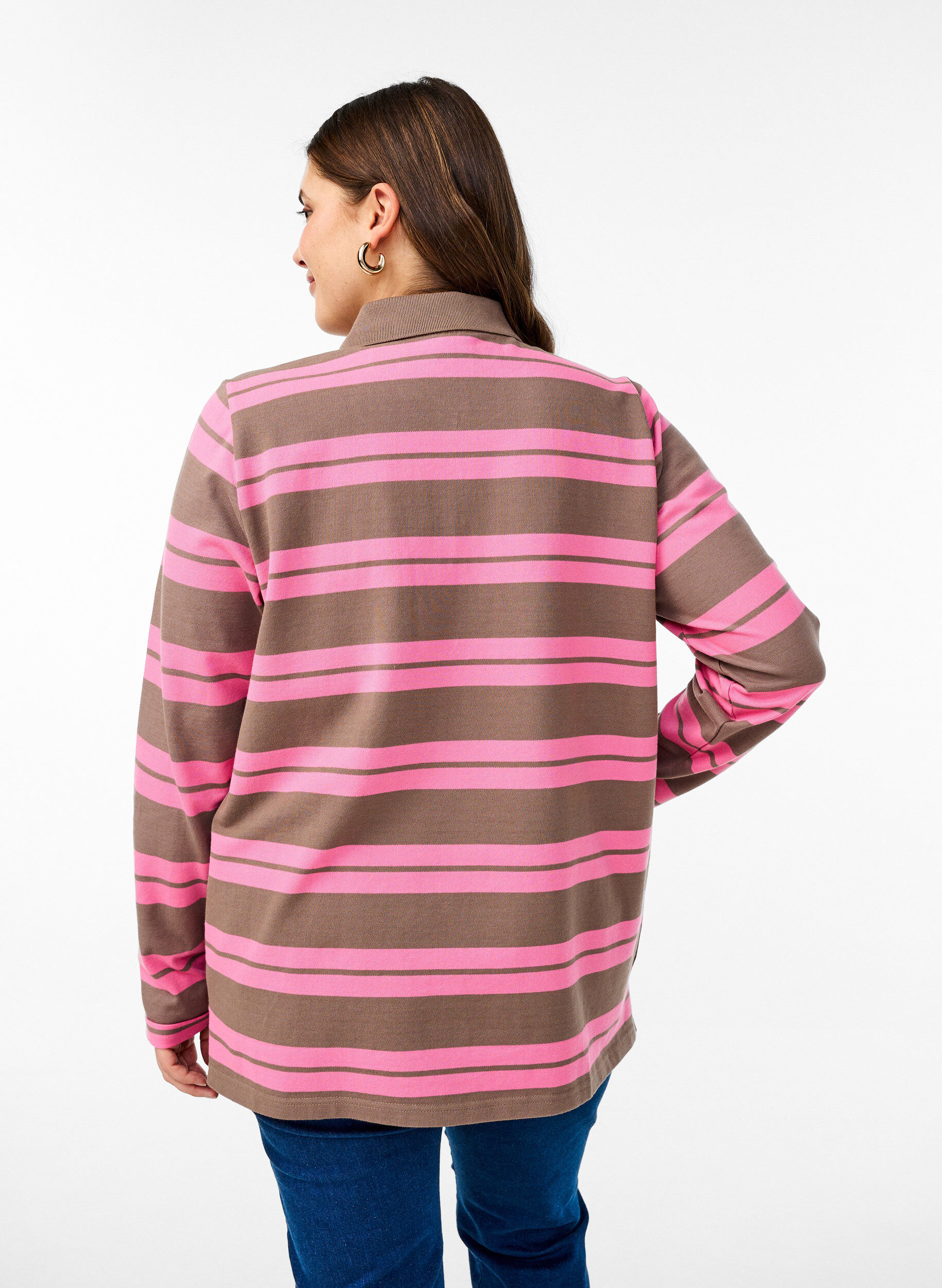ZizziGestreepte polo met lange mouwen, Roze, Model image number 2