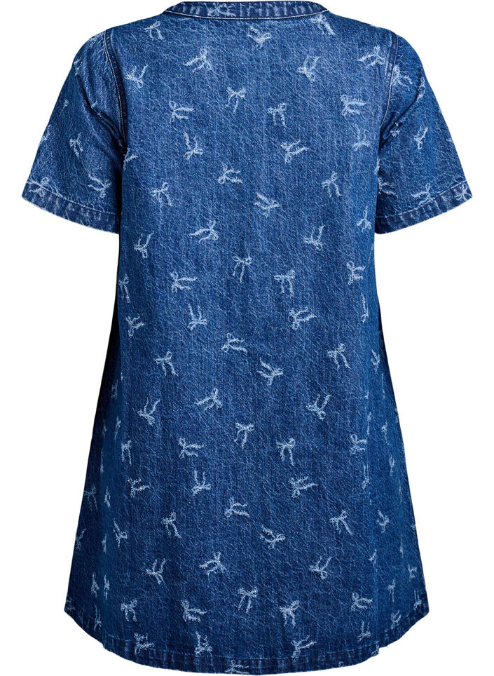 Korte denim jurk met een A-lijn snit en strikpatroon, Dark Blue Denim Bow, Packshot