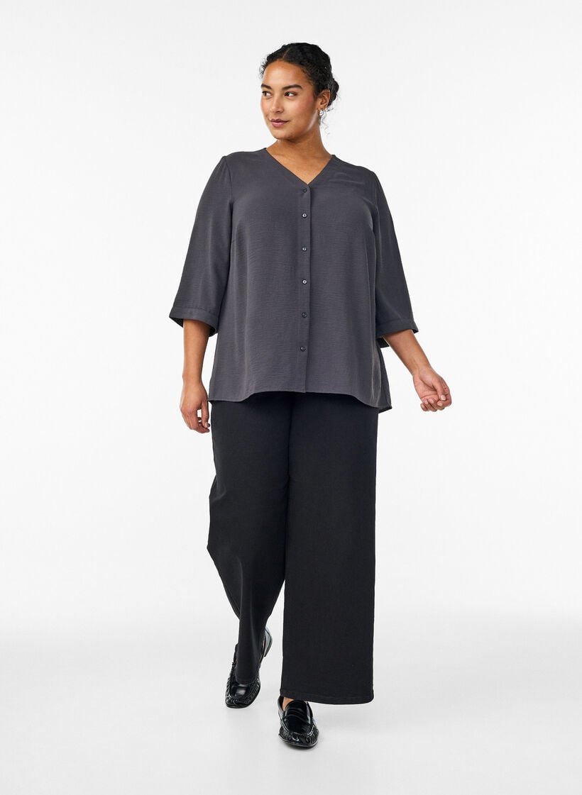 Shirtblouse met V-hals en 3/4 mouwen, Grijs, Model image number 1
