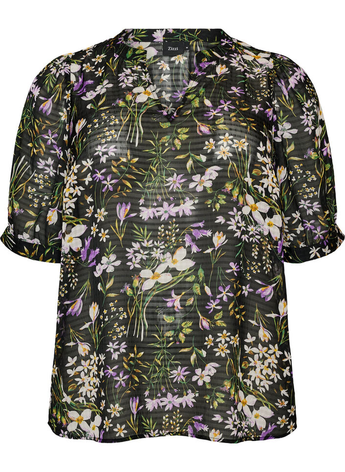 Blouse met bloemenprint en V-hals, Zwart, Packshot image number 0