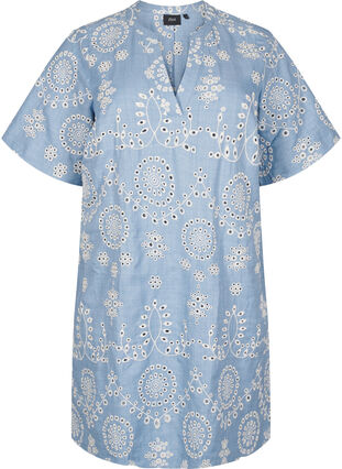 ZizziKorte jurk met een decoratief opengewerkt patroon, Faded Denim w. White, Packshot image number 0