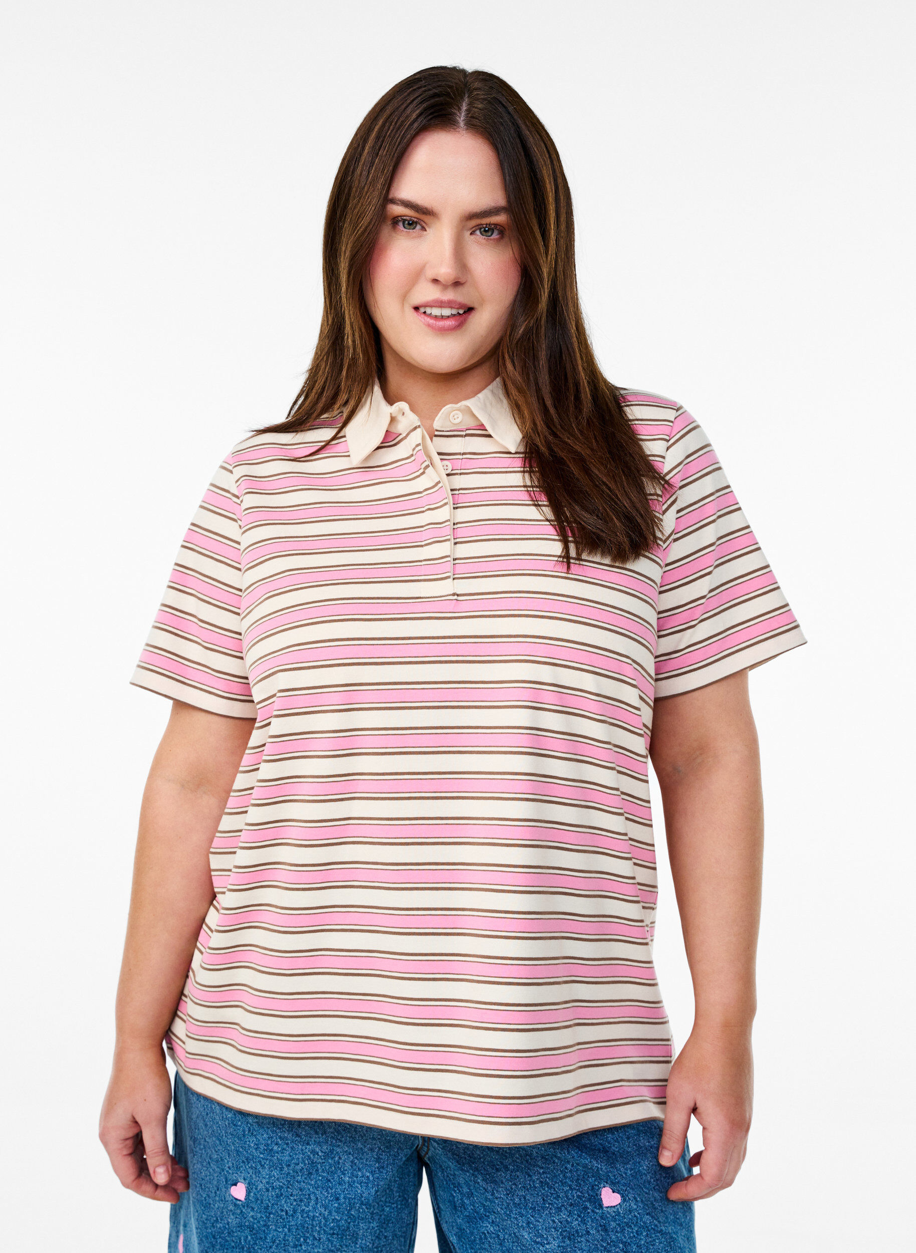 Gestreepte poloshirt met korte mouwen, Roze, Model
