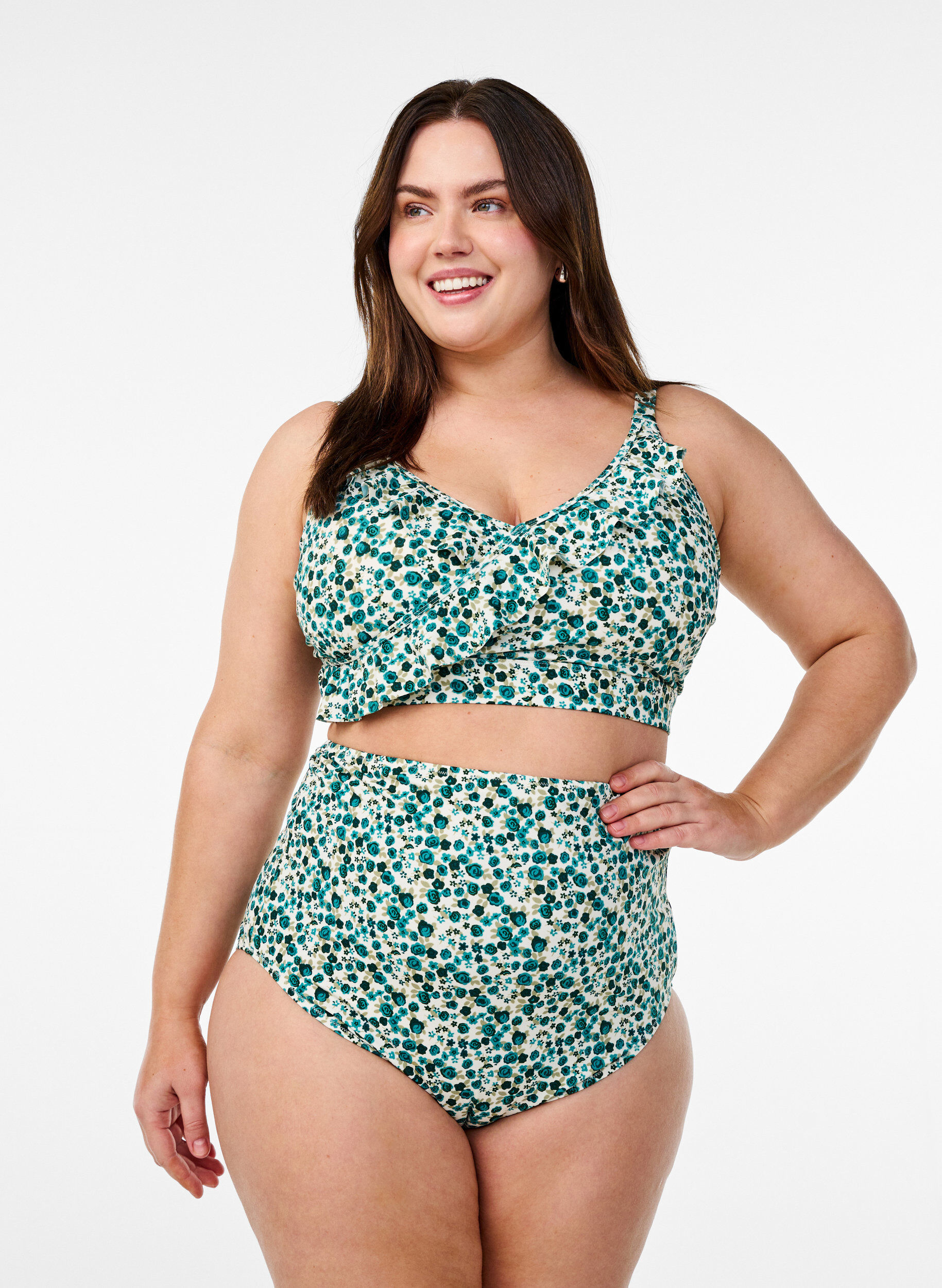 Bikinibroekje met extra hoge taille en bloemenprint, Groen, Model