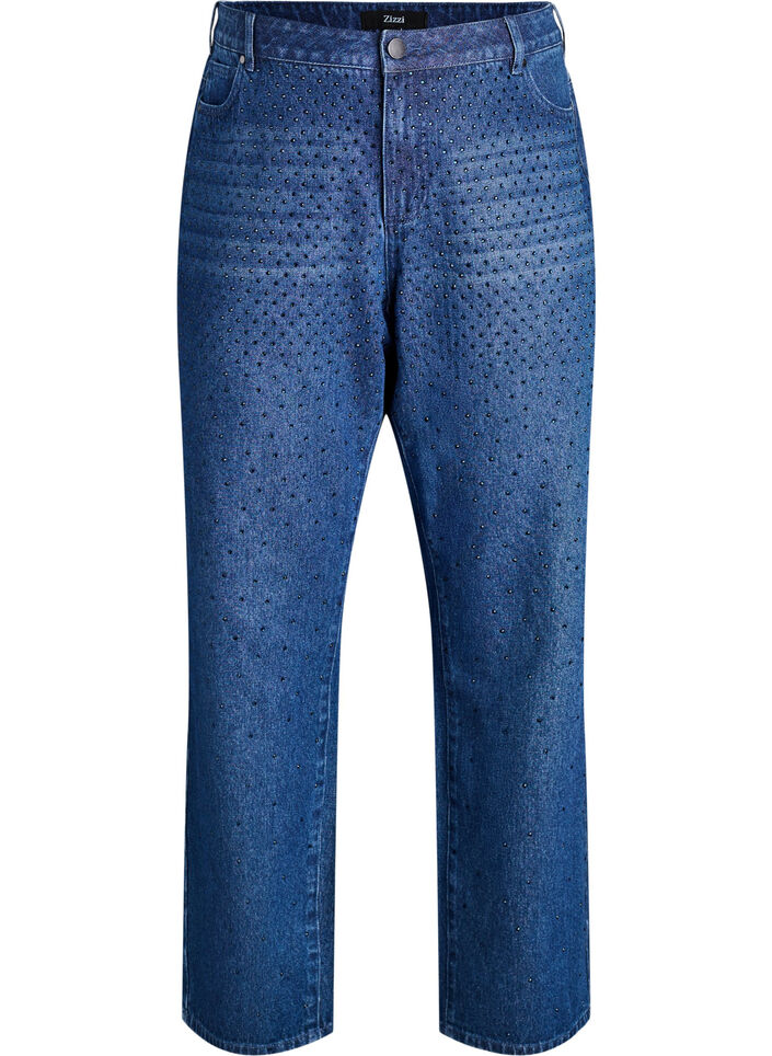 Straight-fit jeans met rhinestones en een hoge taille, Dark Blue, Packshot