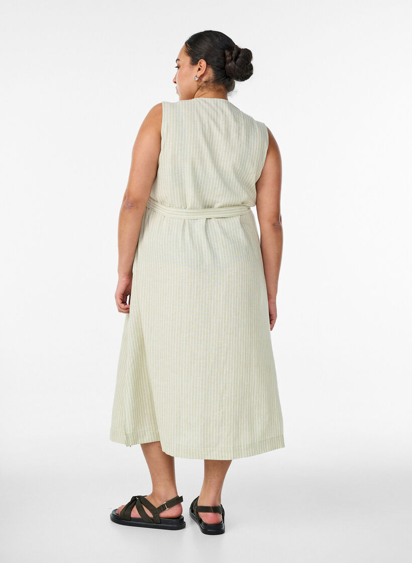 Mouwloze gestreepte midi jurk in linnen en viscose, Groen, Model image number 1