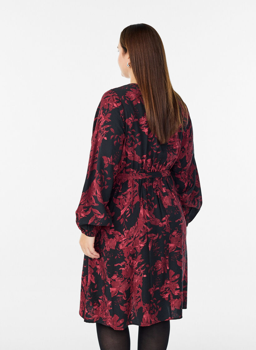 Knielange jurk met strikriem en wikkel-look, Zwart, Model image number 2