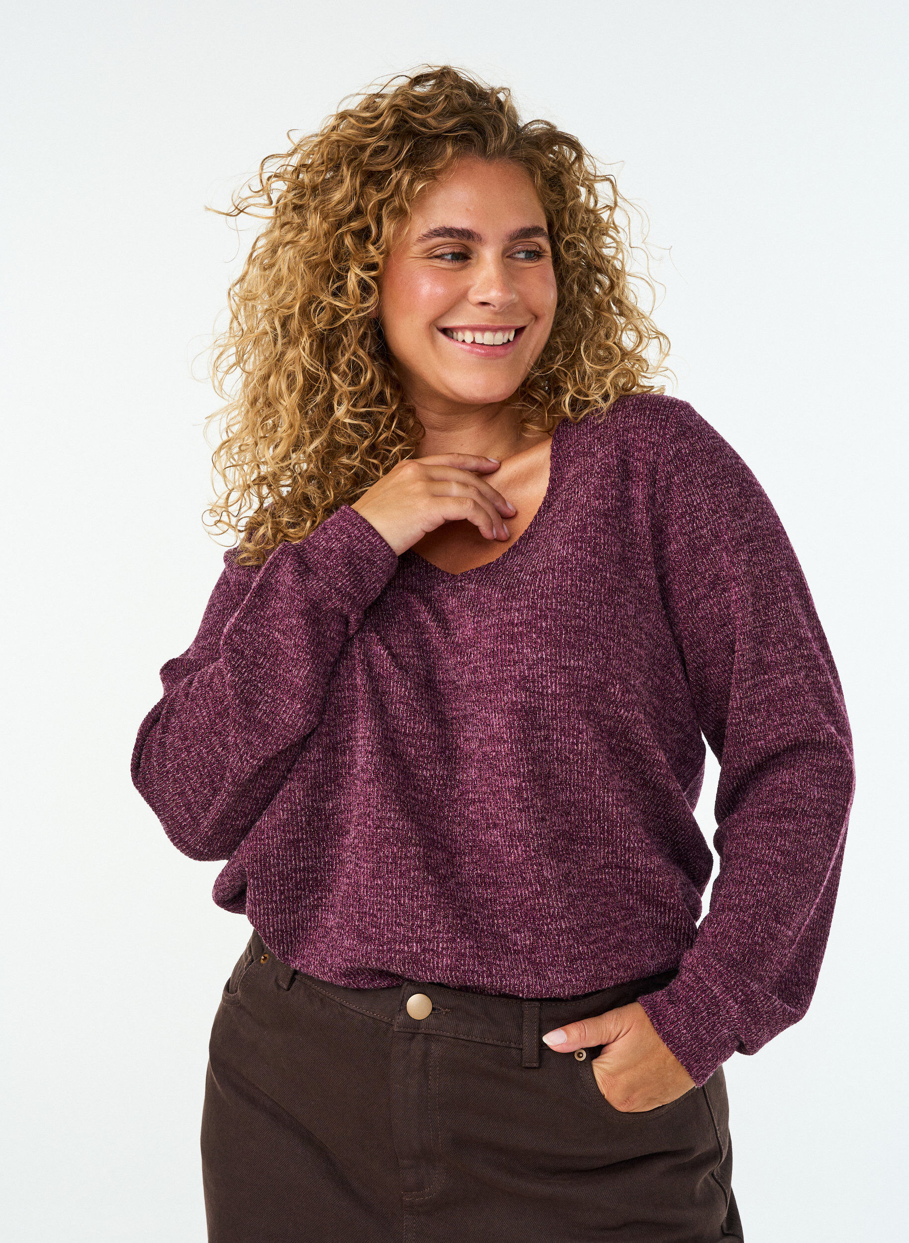 Jersey blouse met V-hals en lange mouwen, Donker Bordeaux, Model