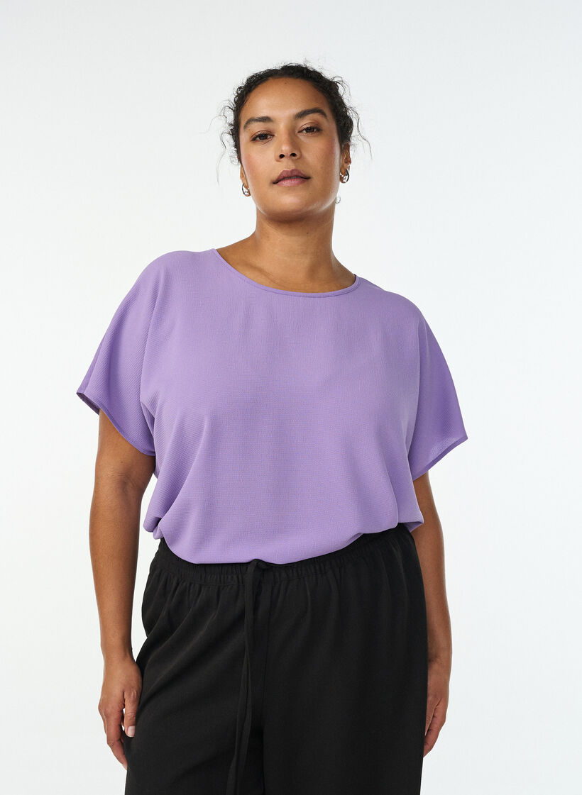 Blouse met korte mouwen en een ronde halslijn, Paars, Model image number 0