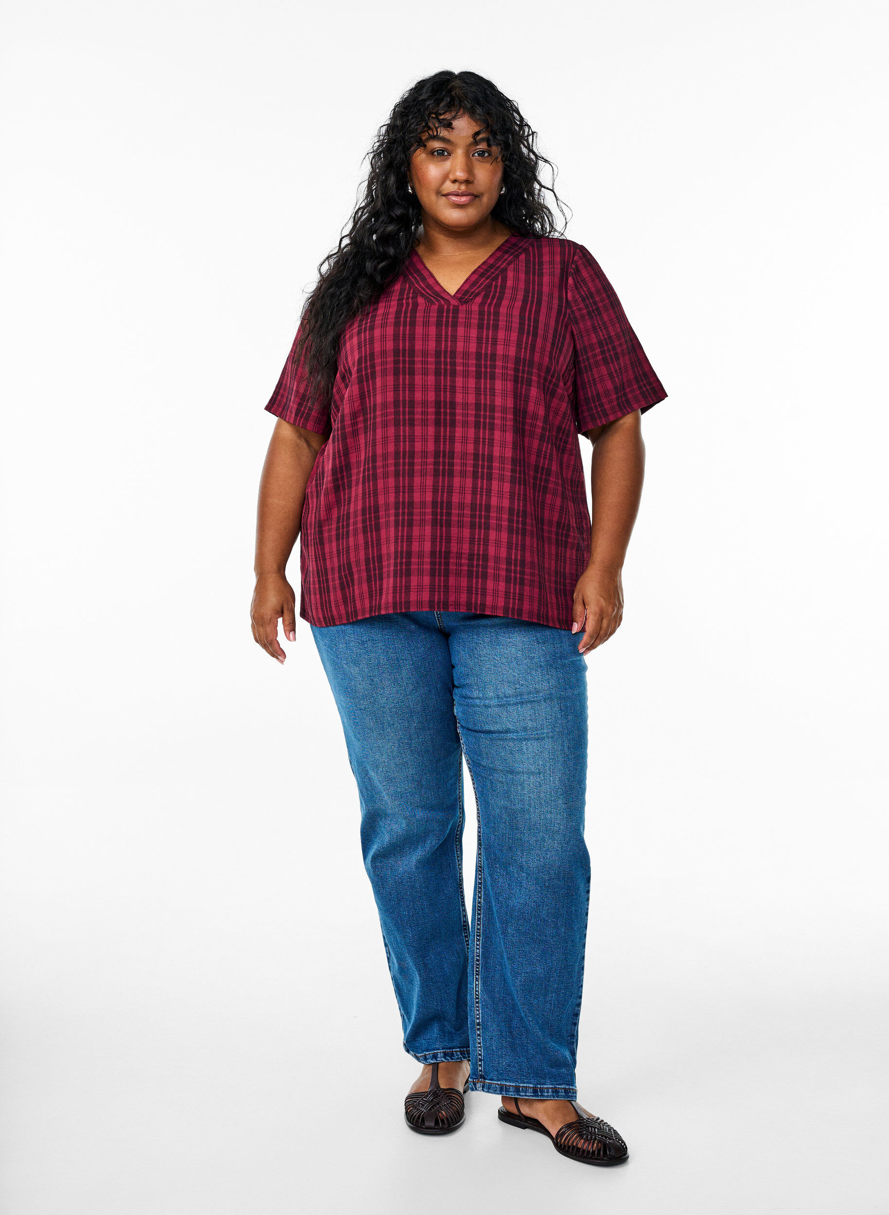 ZizziBlouse met ruitjesmotief en V-hals, Donker Bordeaux, Model image number 1