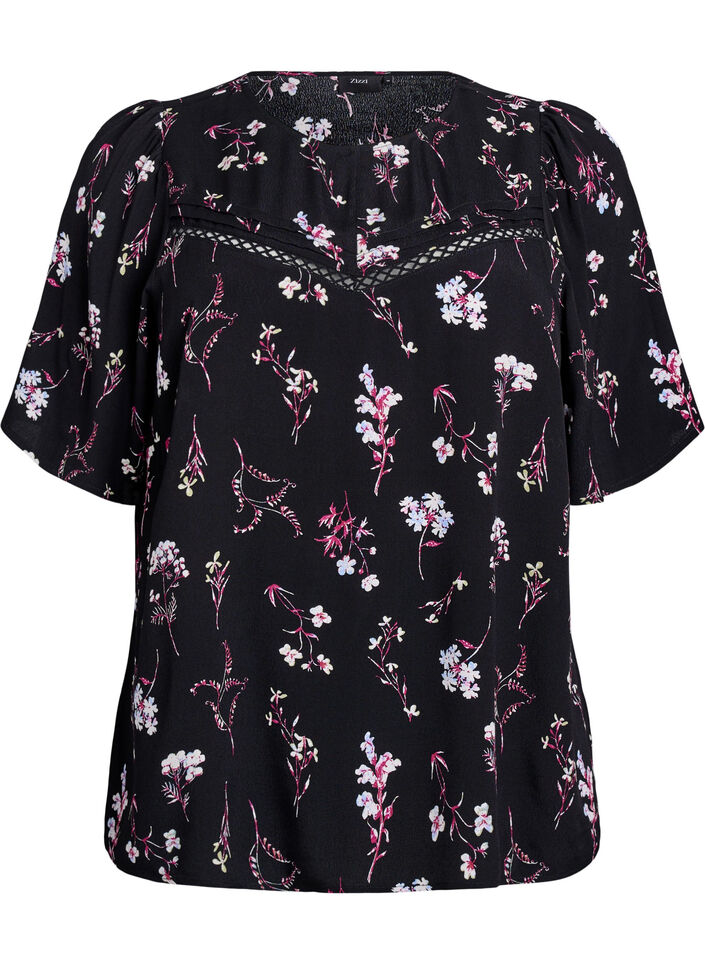 Blouse met bloemmotief en korte mouwen, Zwart, Packshot image number 0