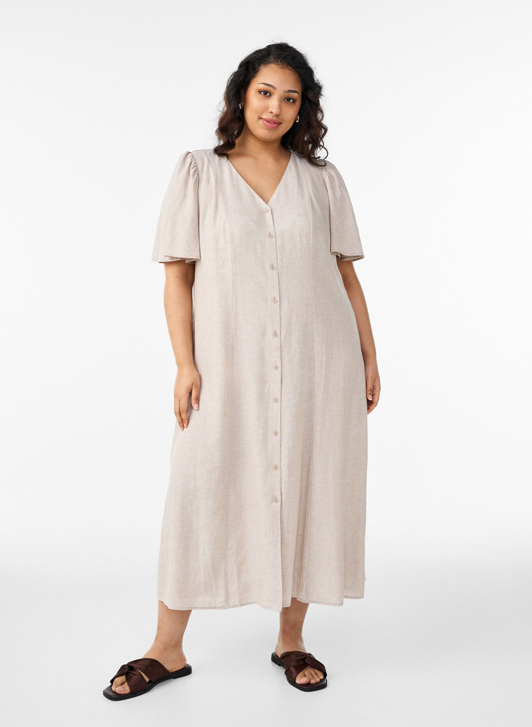 Robe midi en lin et viscose avec manches &agrave; volants, Beige, Model