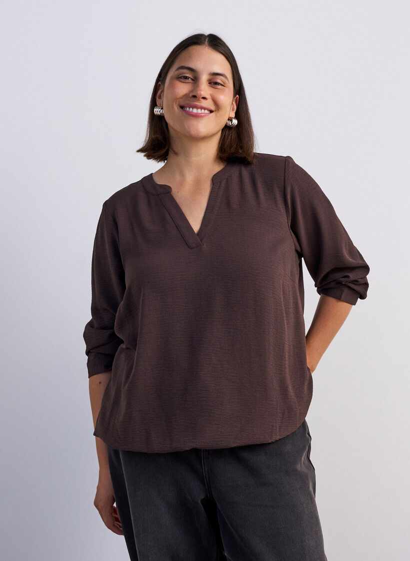 Blouse met ballonsilhouet en V-hals, Bruin, Model image number 0