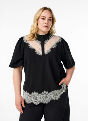 ZizziBlouse met korte mouwen en kanten details, Zwart, Model image number 0