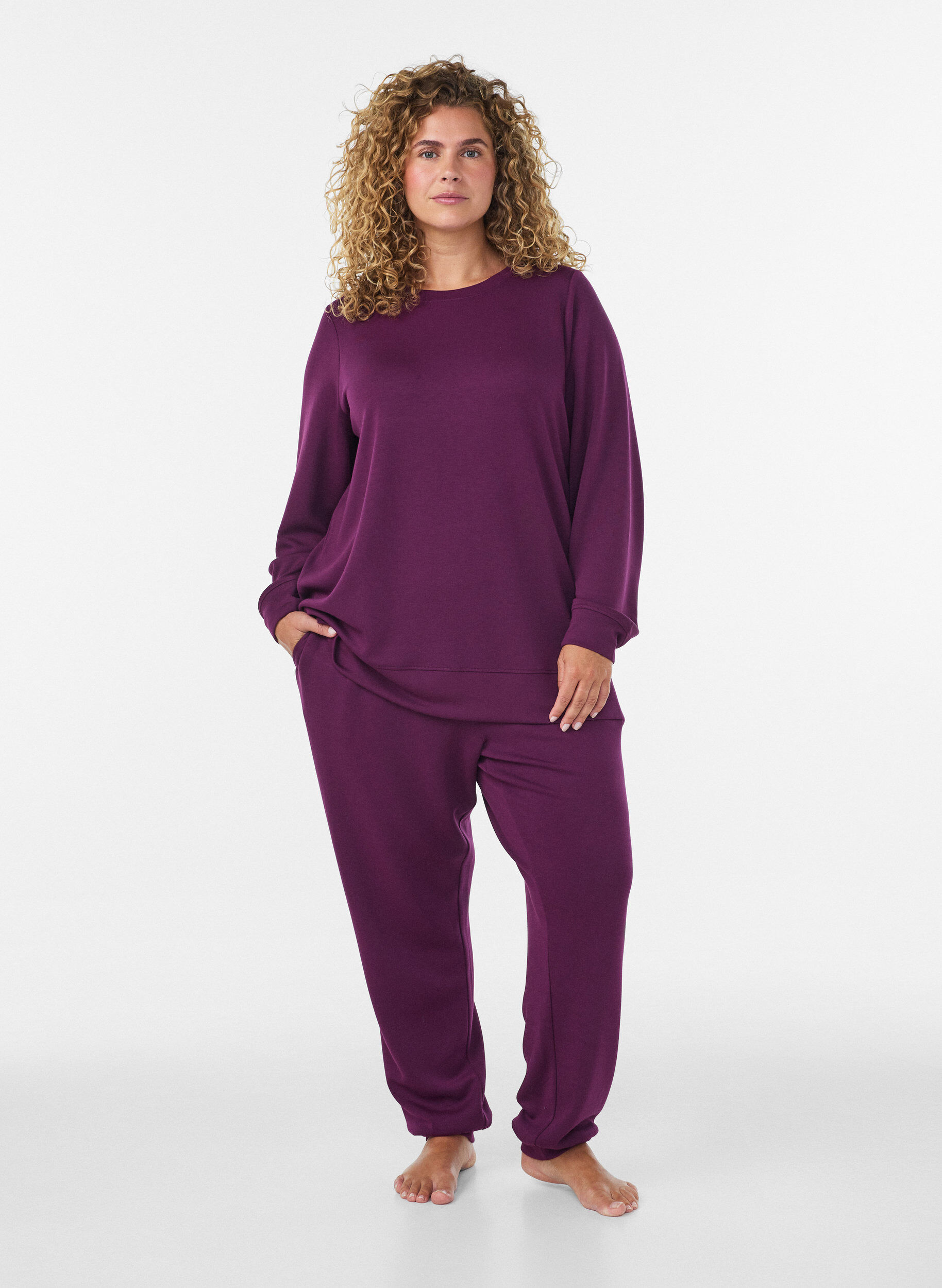 ZizziJersey blouse met lange mouwen en een ronde hals, Paars, Model image number 1