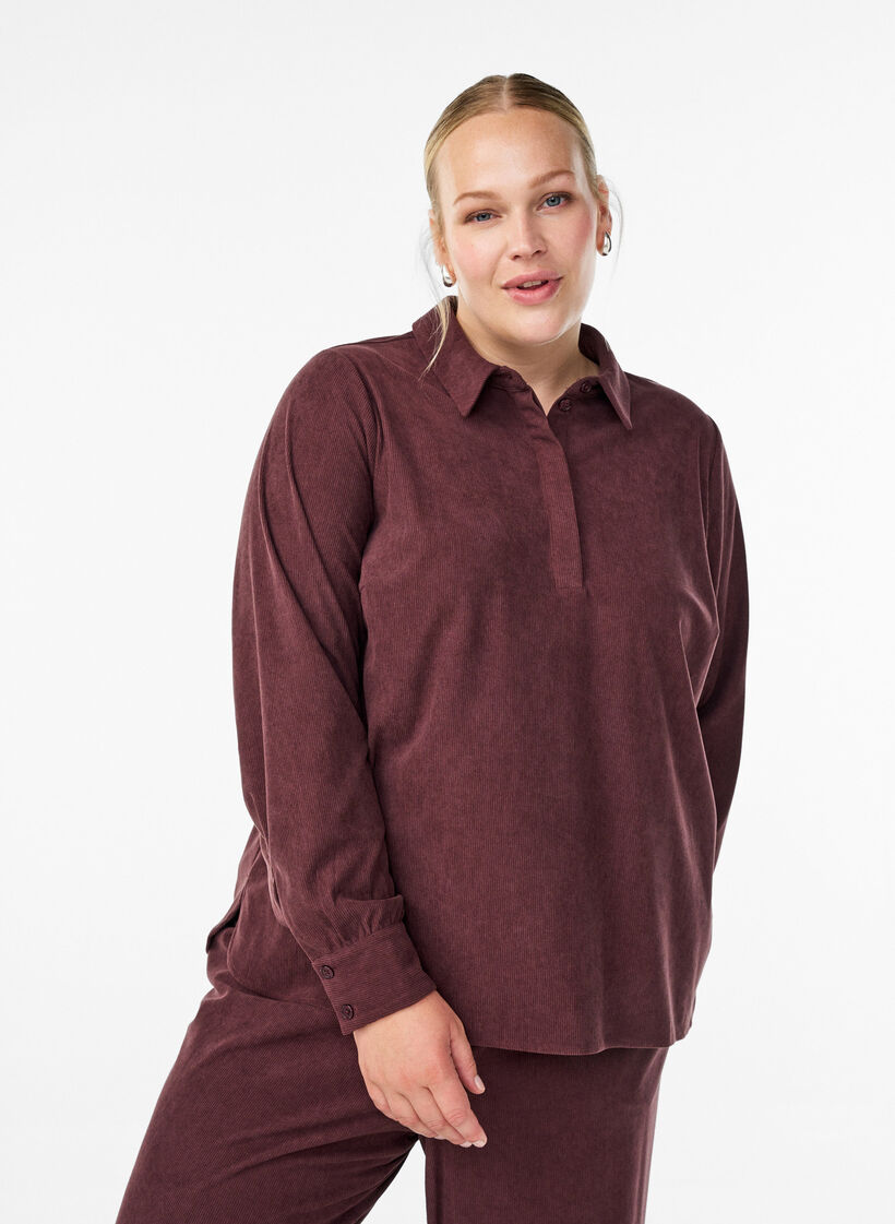 Overhemdblouse met lange mouwen in corduroy, Donker Bordeaux, Model image number 0