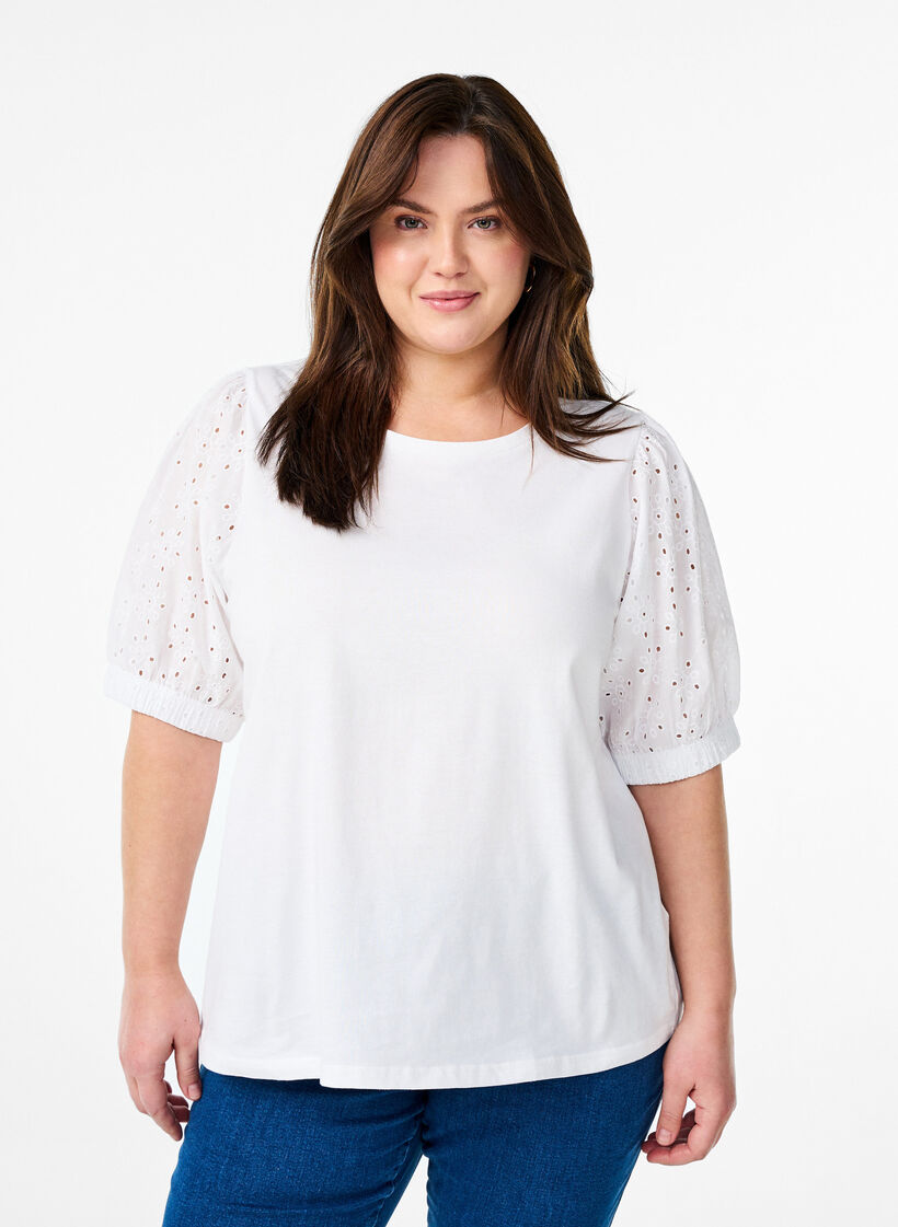 T-shirt met mouwen van broderie anglaise, Wit, Model image number 0