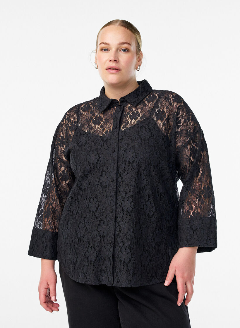 Kanten shirt met 3/4 mouwen, Zwart, Model image number 0