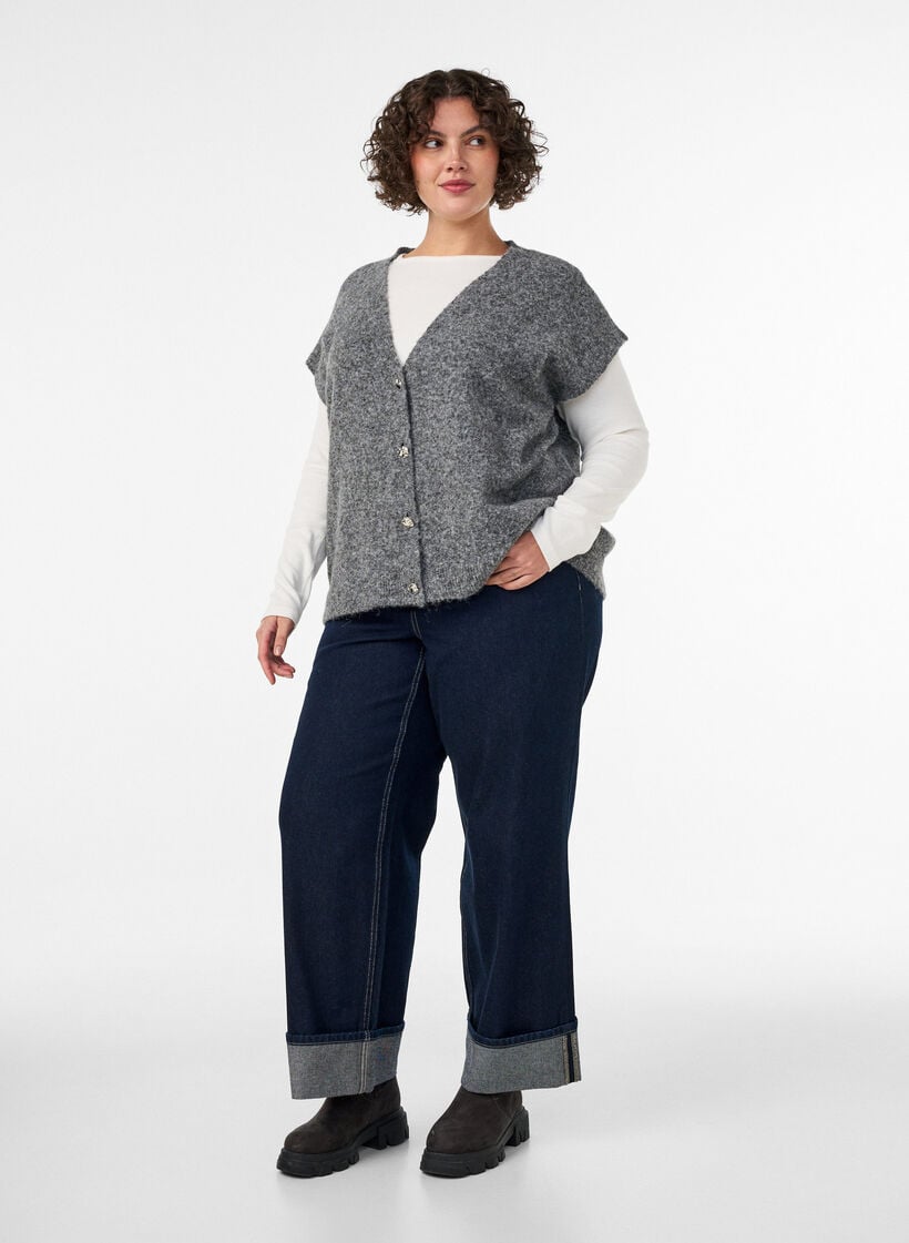 Gebreid gilet met V-hals en decoratieve knopen, Grijs, Model image number 1