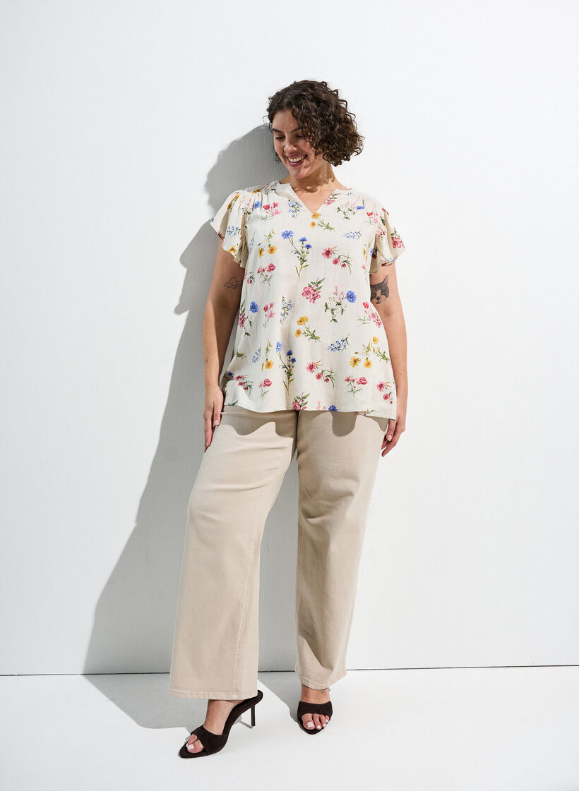 Viscose en linnen blouse met ruches aan de mouwen, Beige, Image image number 0