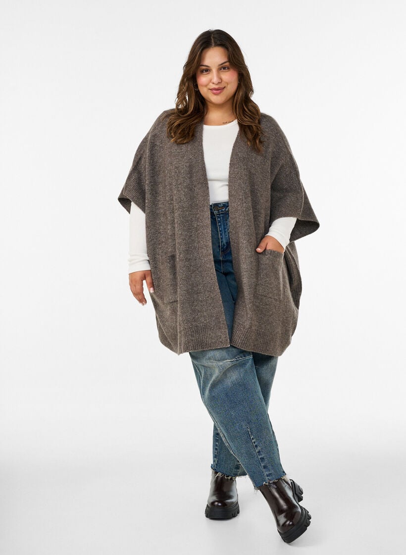 Cardigan met open voorkant en wijde mouwen, Bruin, Model image number 1