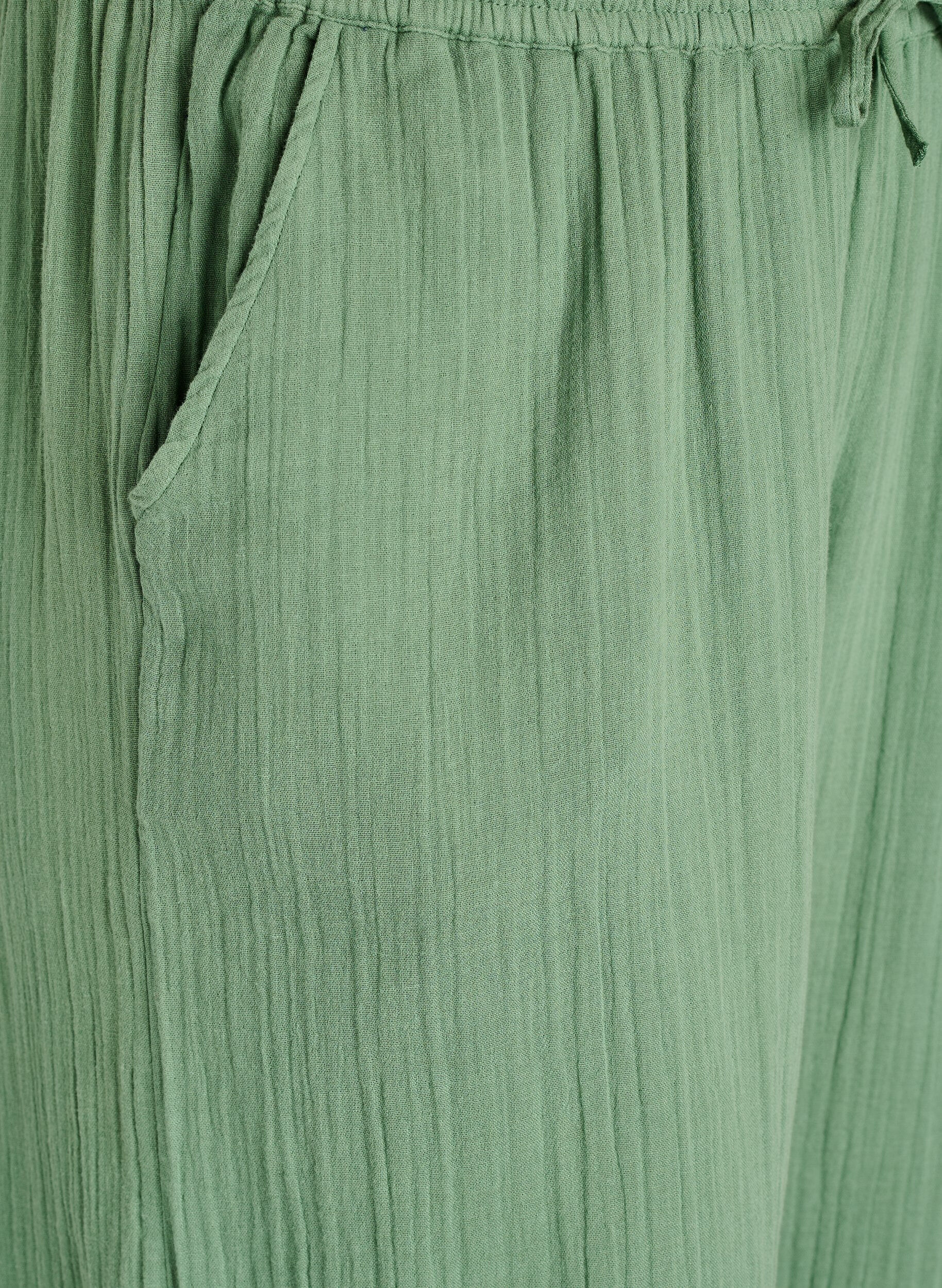 ZizziHigh-waist katoenen mousseline broek met losse pijpen, Groen, Packshot image number 2