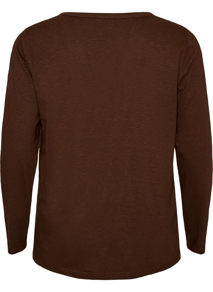 T-shirt met lange mouwen, V-hals en knopen, Bruin, Packshot image number 1