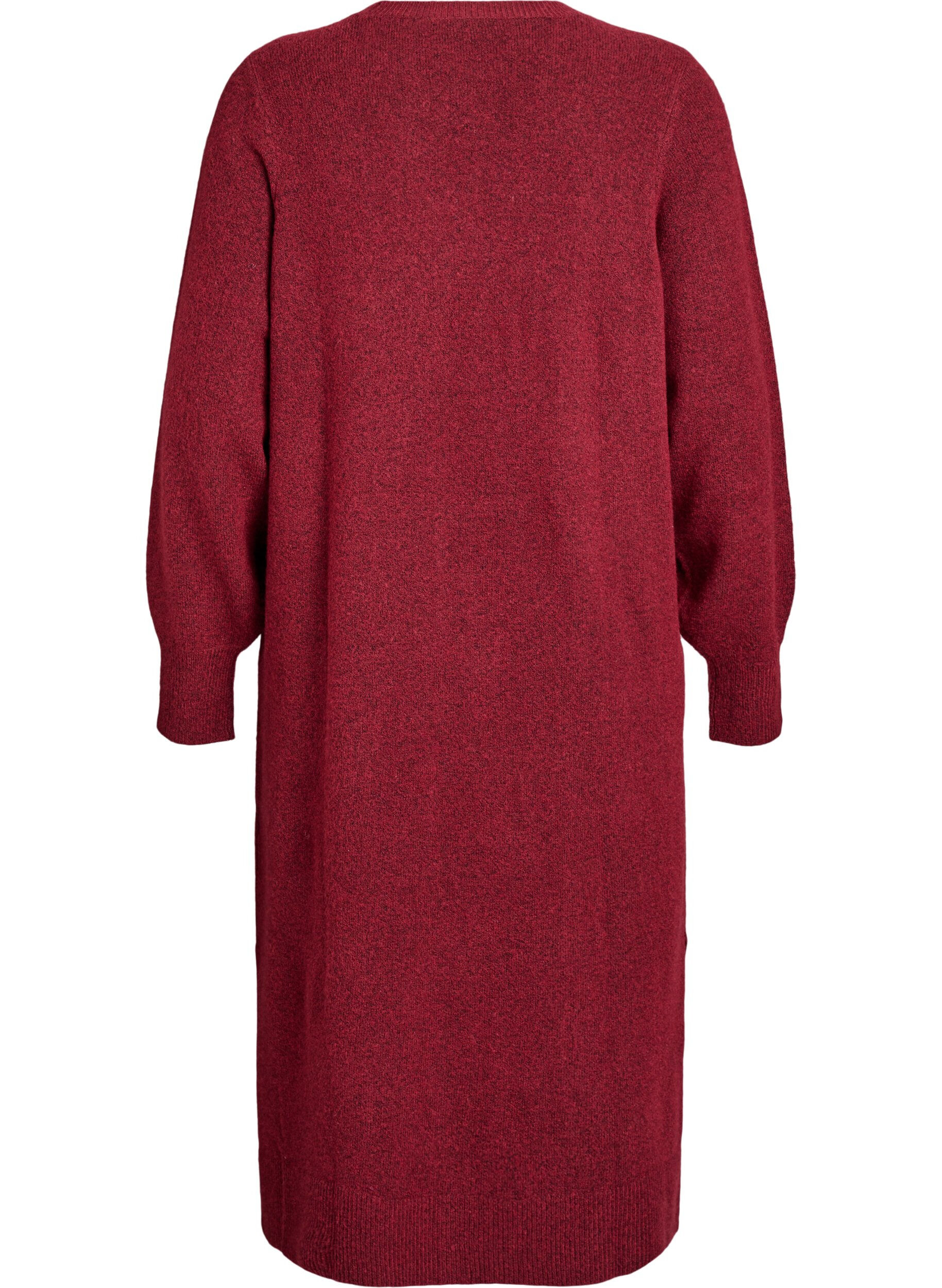 ZizziGebreide jurk met lange mouwen en V-hals, Rood, Packshot image number 1