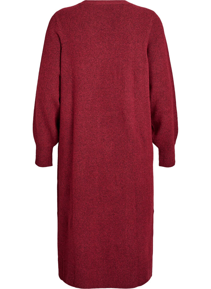 Gebreide jurk met lange mouwen en V-hals, Rood, Packshot image number 1