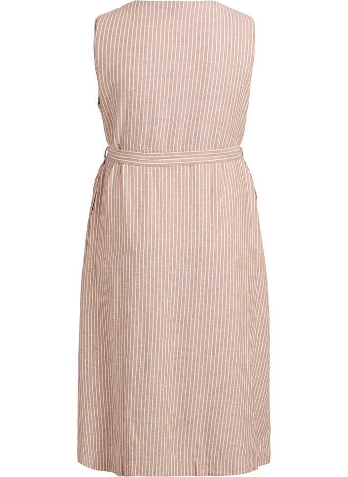 Mouwloze gestreepte midi jurk in linnen en viscose, Beige, Packshot image number 1