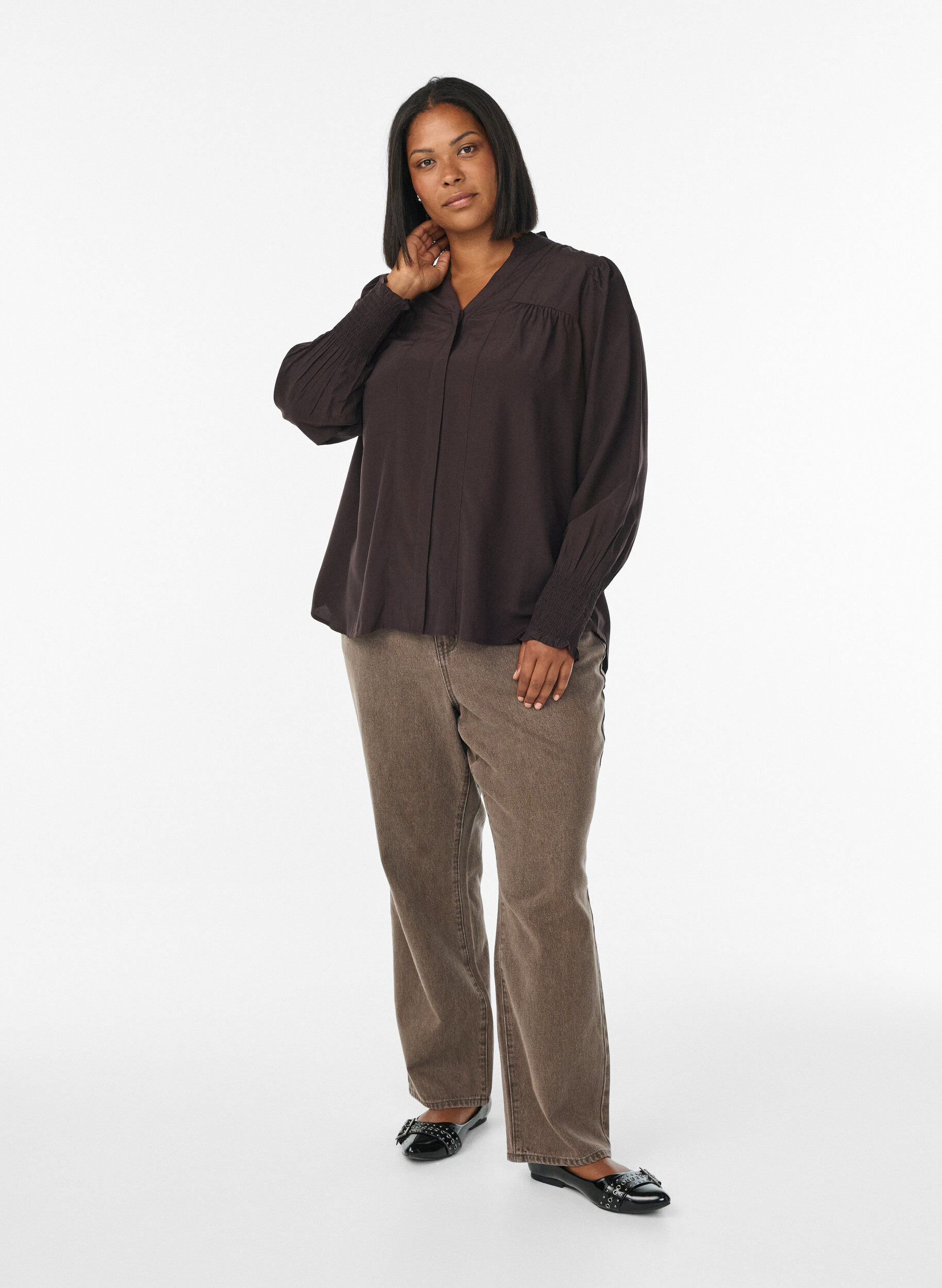 ZizziBlouse met ruches kraag en plooien, Bruin, Model image number 1
