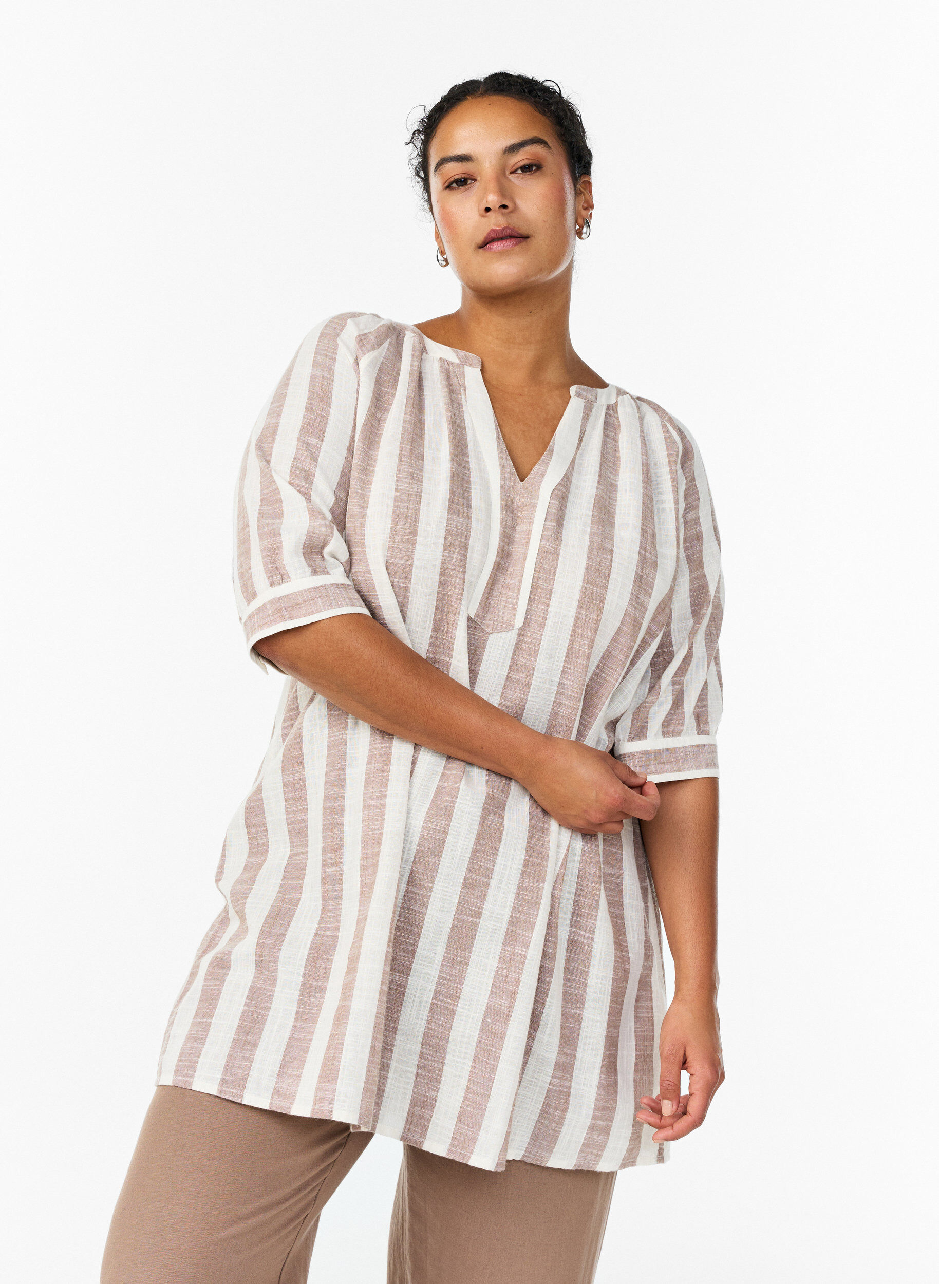 ZizziKatoenen tuniek met V-hals, Beige, Model image number 0