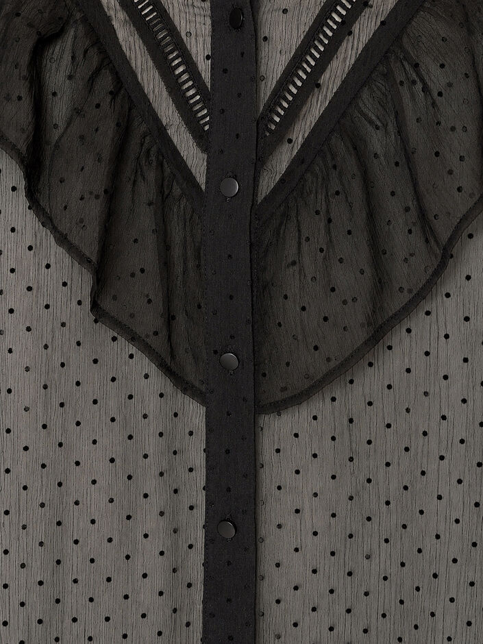 Midi-jurk in een lichte, transparante stof met stippen en ruches, Zwart, Packshot image number 3