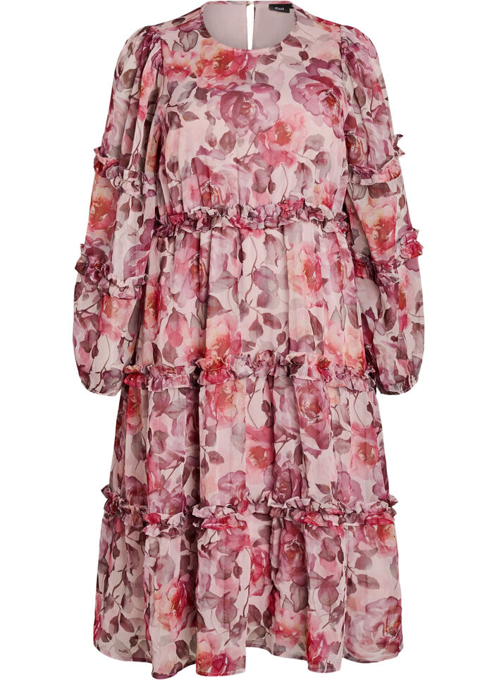 Robe midi &agrave; fleurs avec volants et manches transparentes, Rose, Packshot