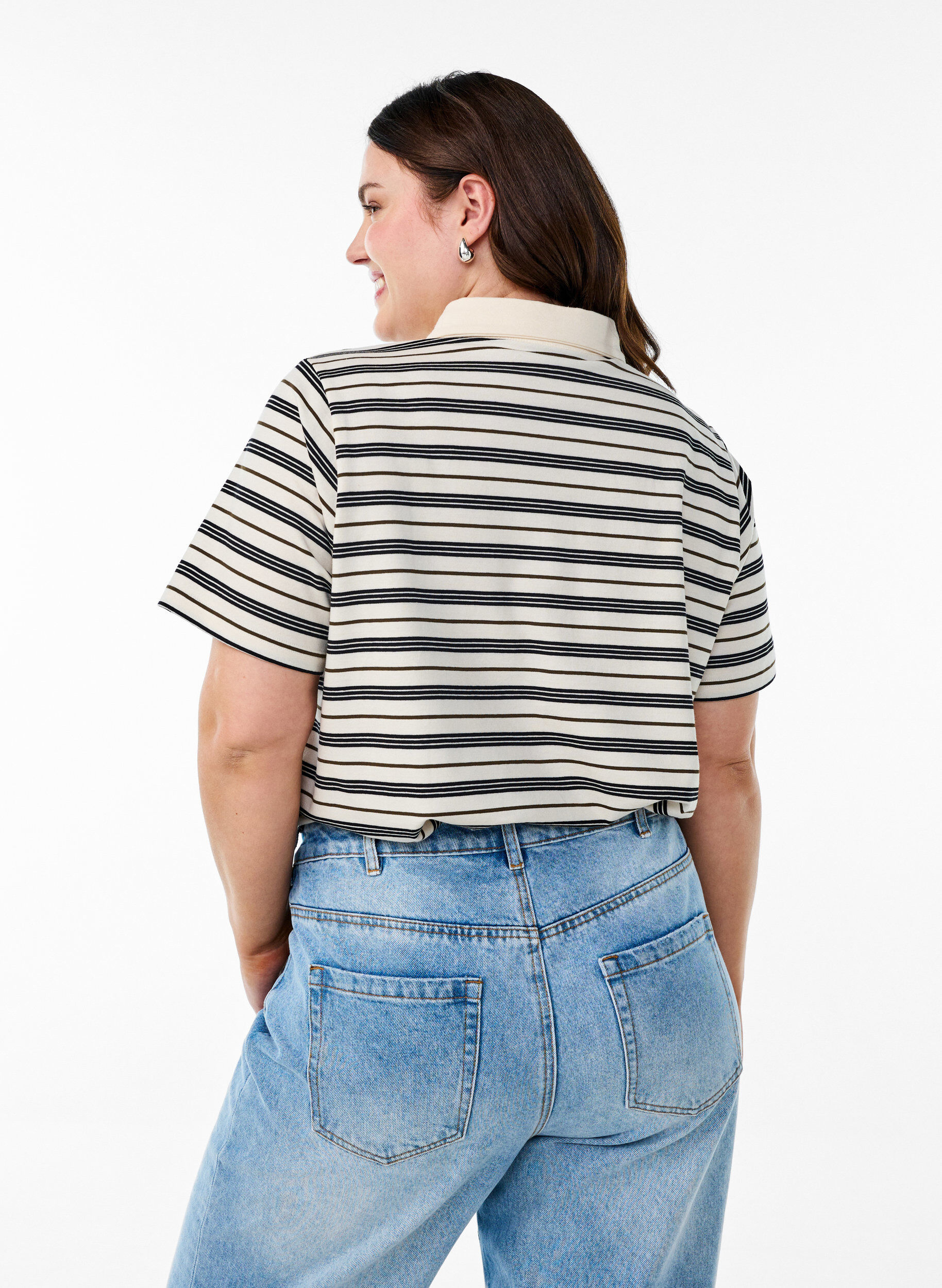 ZizziGestreepte poloshirt met korte mouwen, Wit, Model image number 2