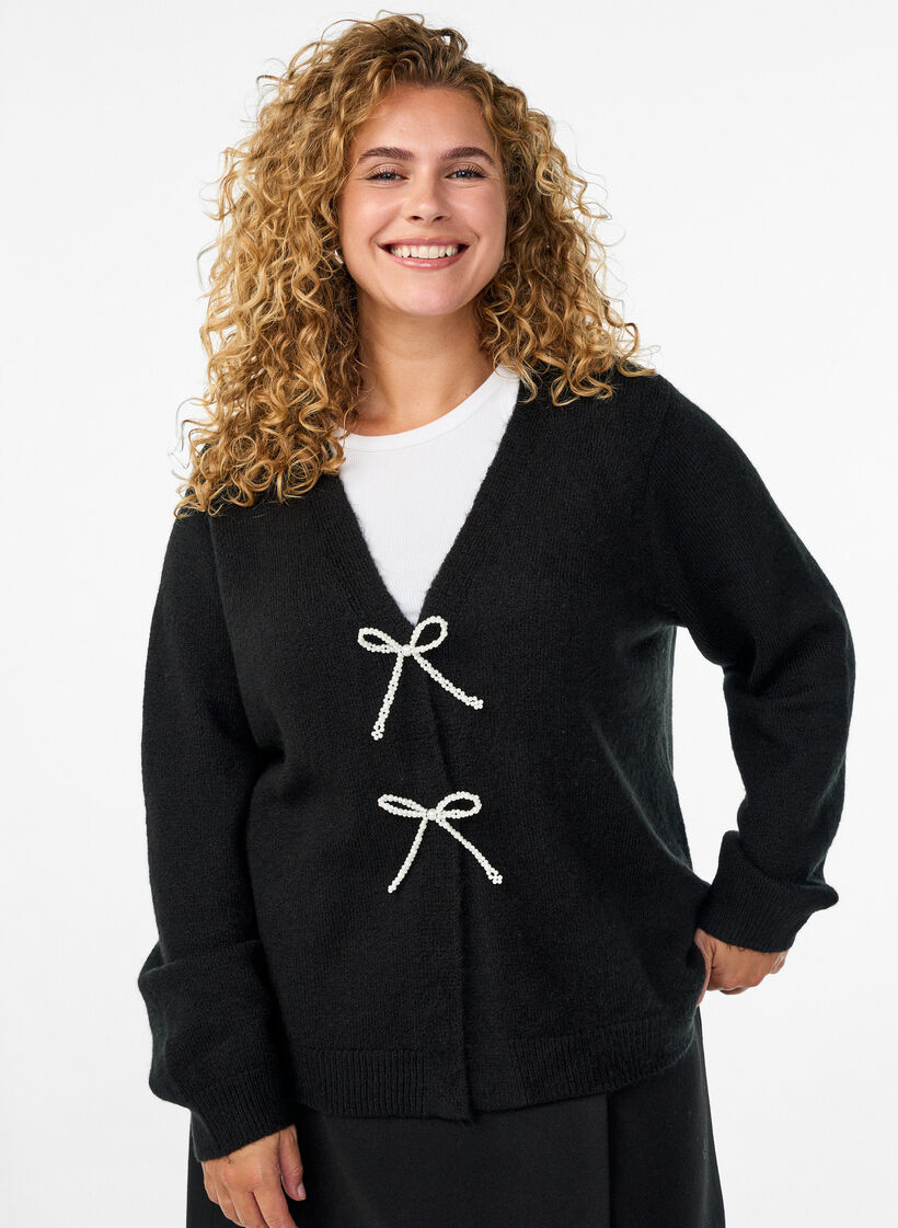 Gebreide cardigan met parelknopen, Black, Model