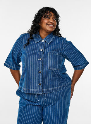 ZizziGestreept denim shirt met korte mouwen, Blue Denim Stripe, Model image number 0