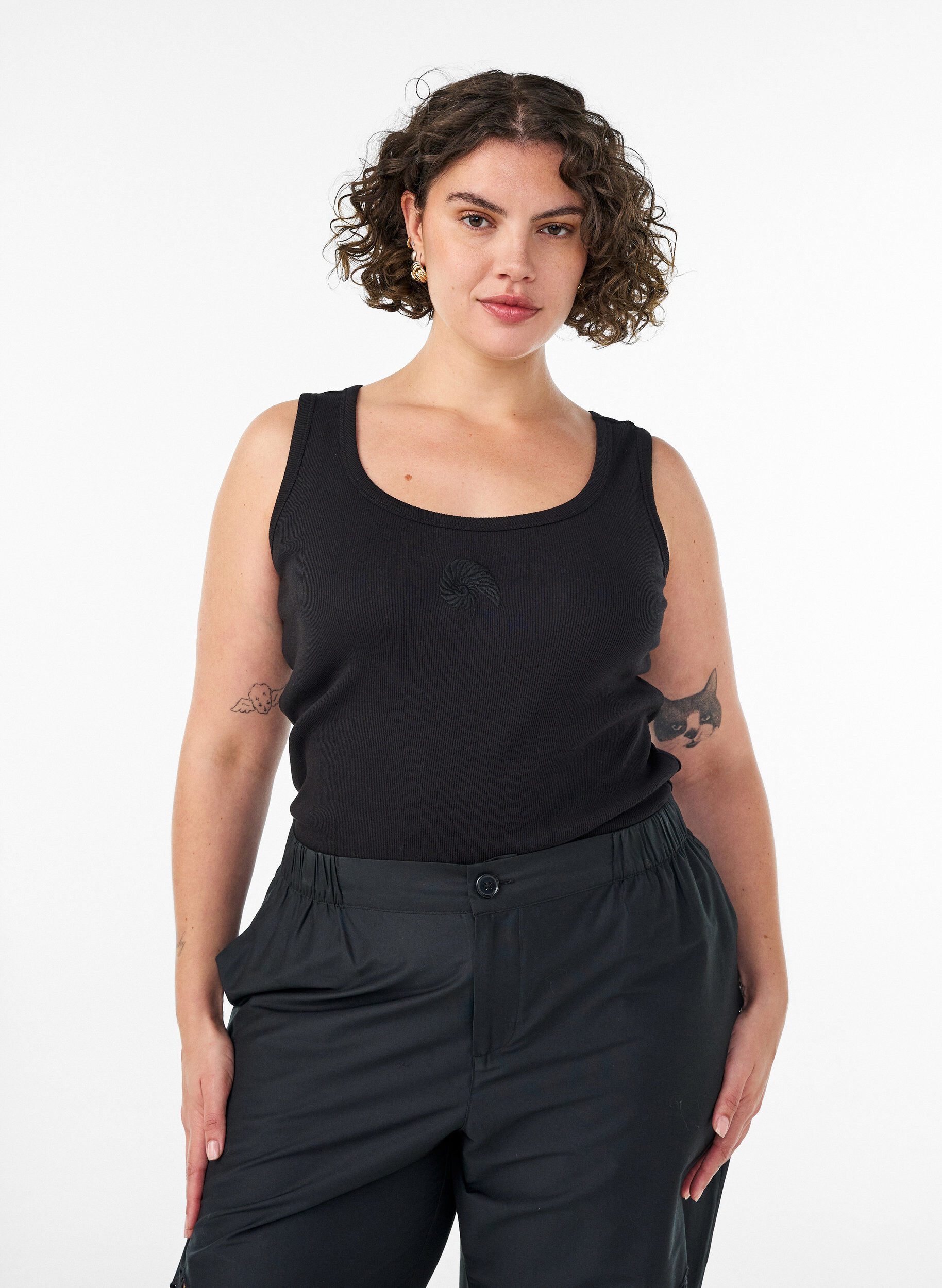 Nauwsluitende top met motief, Zwart, Model