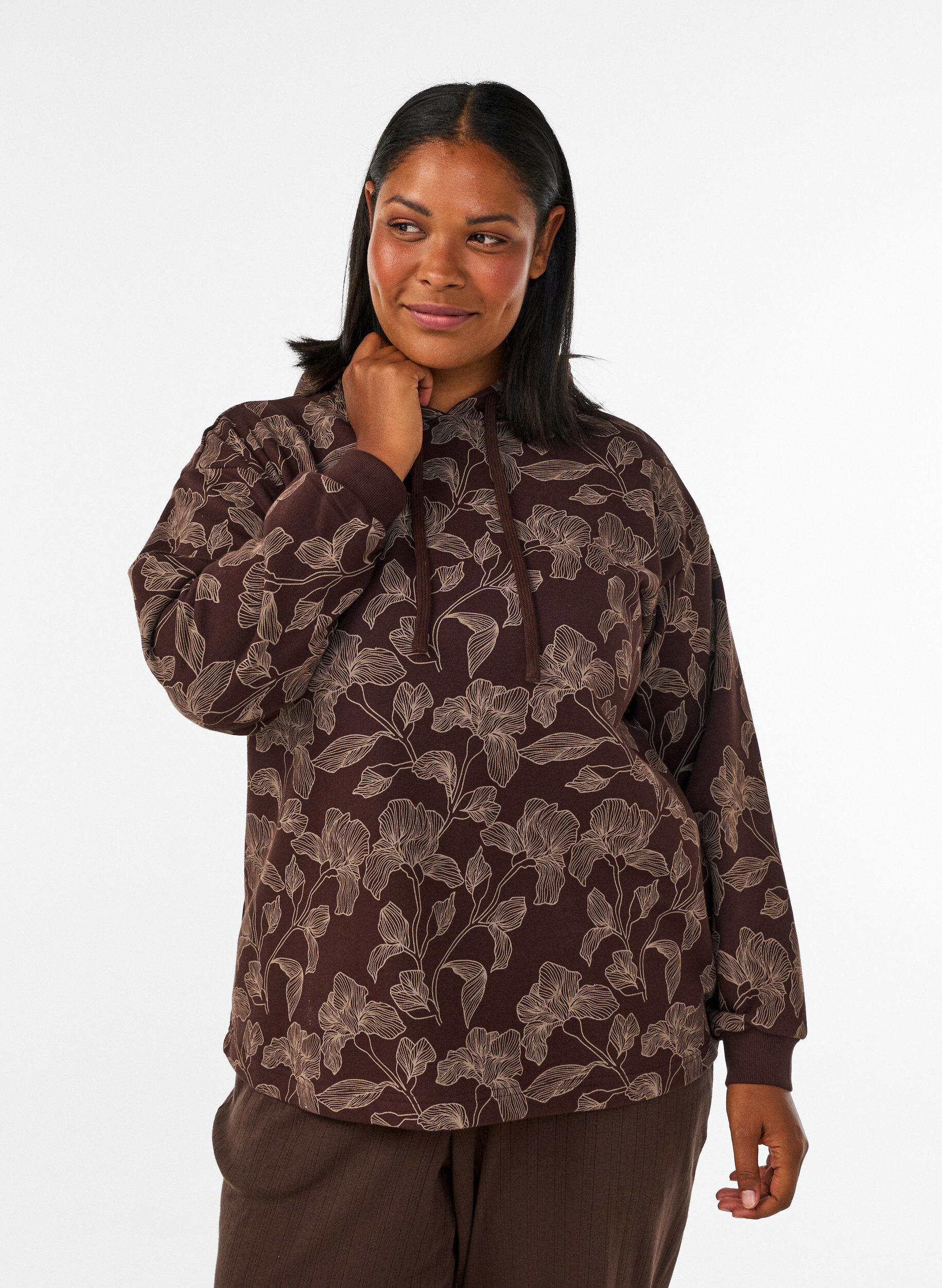 ZizziHoodie met all-overprint, Bruin, Model image number 0