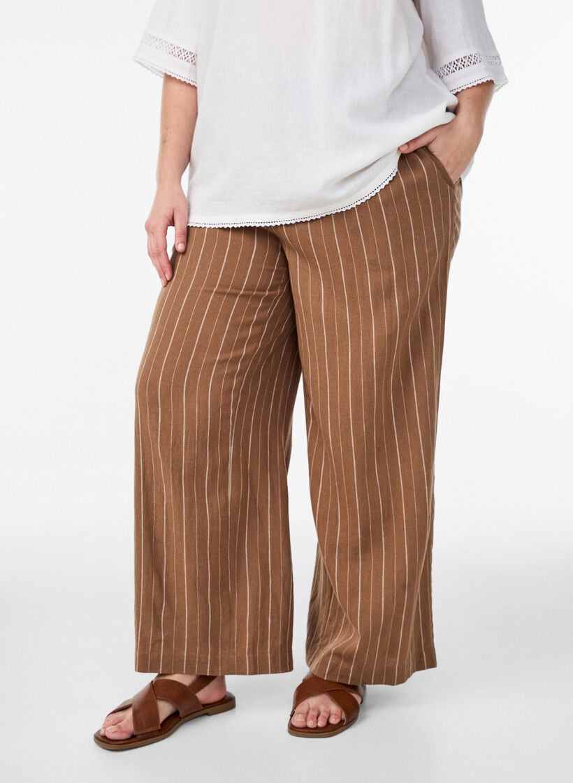 Wijde linnen en viscose broek, Bruin, Model image number 2