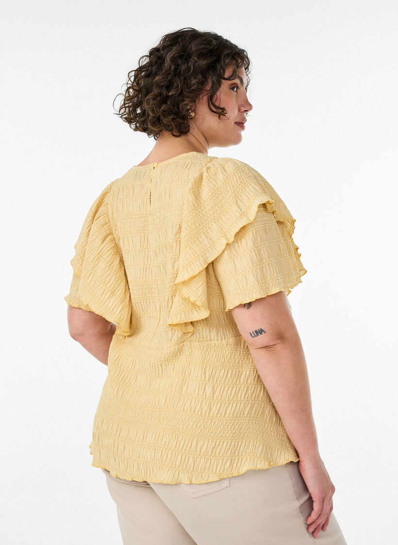 Blouse met smockstructuur en ruchesmouwen, Geel, Model image number 2