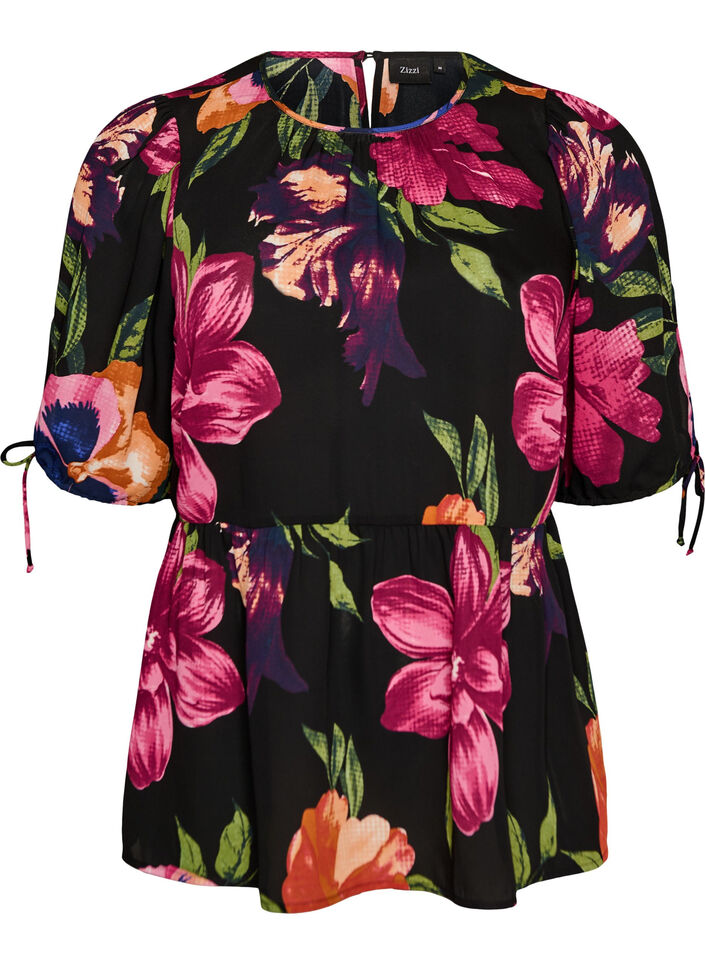 Blouse met bloemenprint en peplum, Zwart, Packshot image number 0