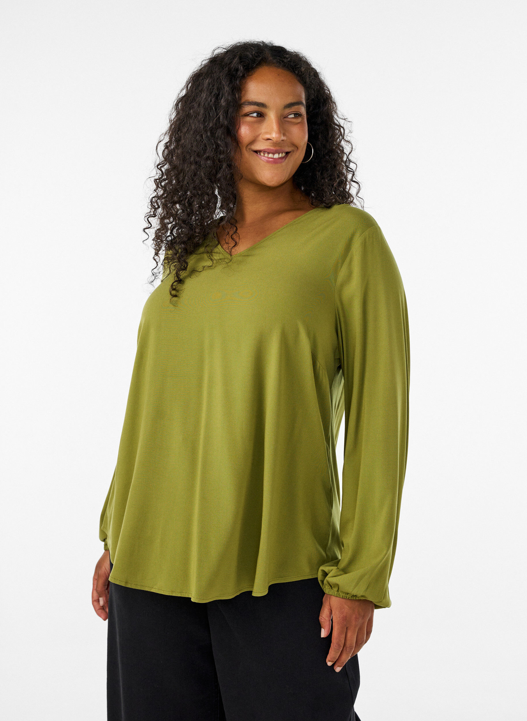 Viscose blouse met V-hals en lange mouwen, Groen, Model